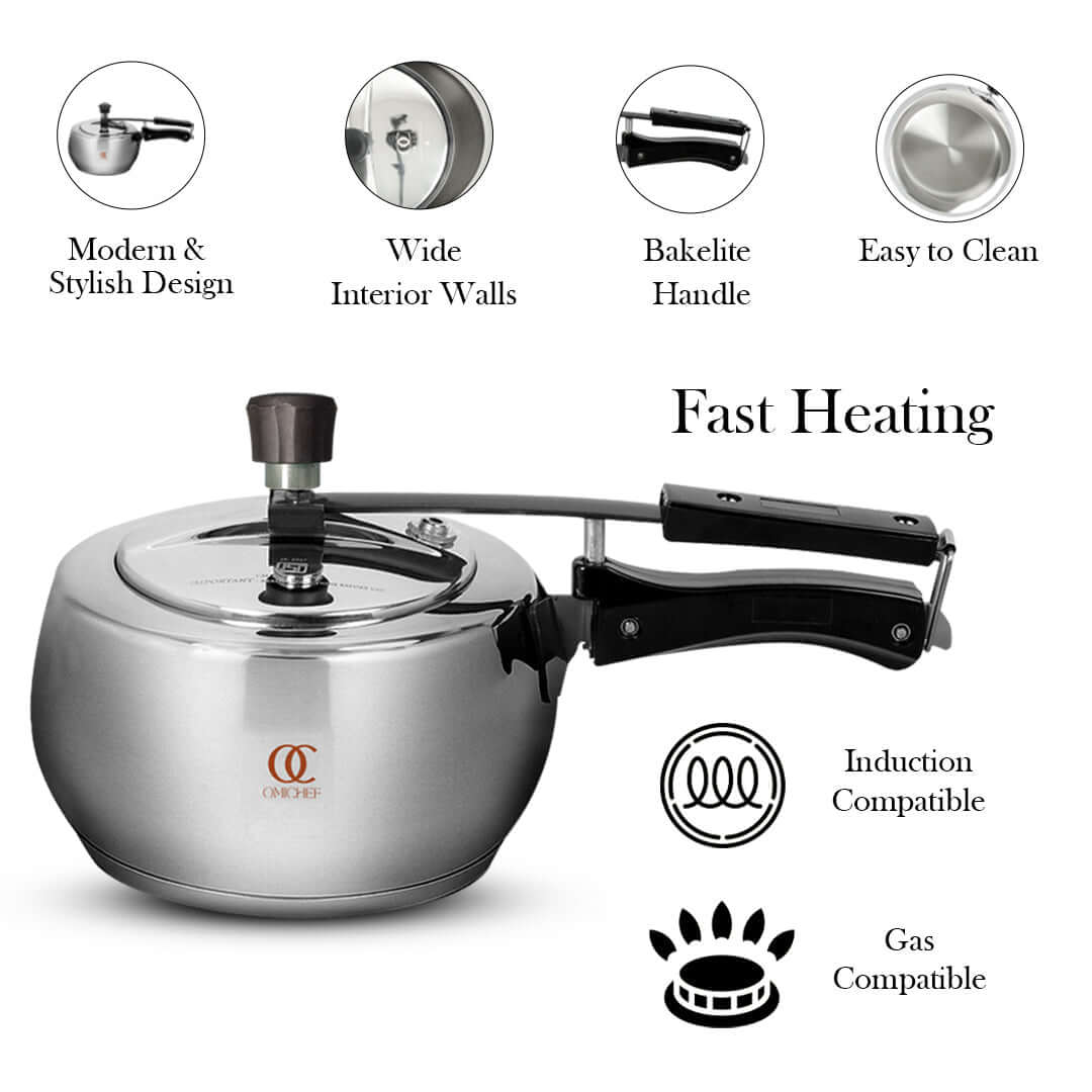 Trio Sandwich Bottom Stainless Steel Pressure Cooker - Inner Lid Induction & Gas Compatible OmiChef