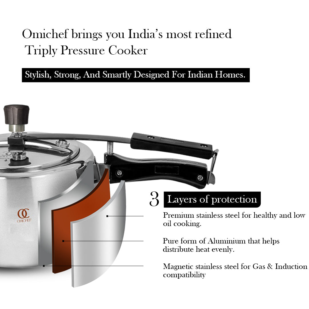 TRIMAX Triply Stainless Steel Pressure Cooker  Inner Lid Induction & Gas Compatible OmiChef