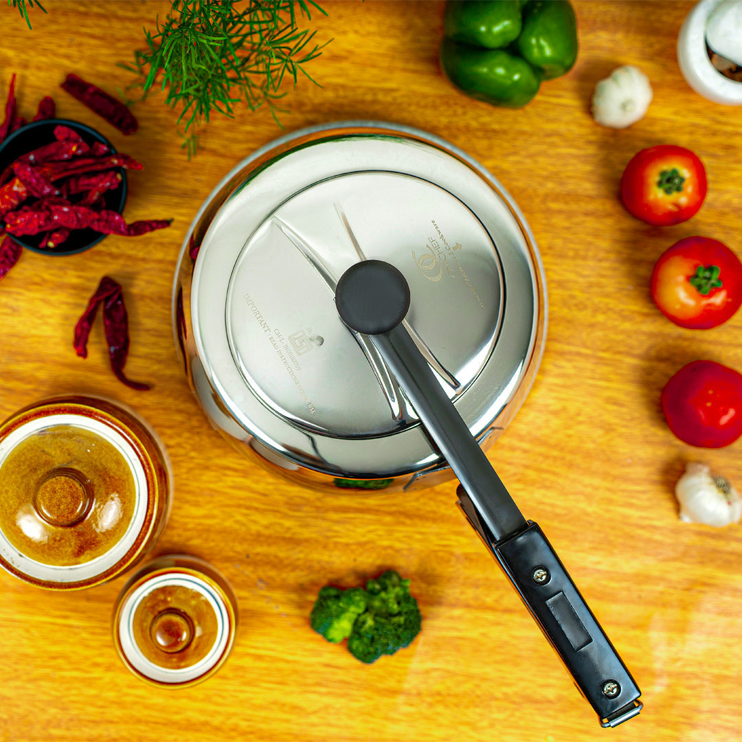 TRIMAX Triply Stainless Steel Pressure Cooker  Inner Lid Induction & Gas Compatible OmiChef