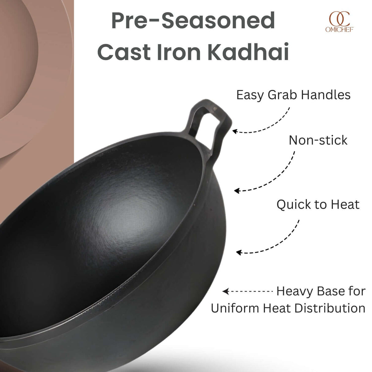 Omichef Premium Cast Iron Kadai for Cooking | Heavy-Duty Iron Kadhai for Frying & Curry | Deep, Durable & Even-Heating Cookware
