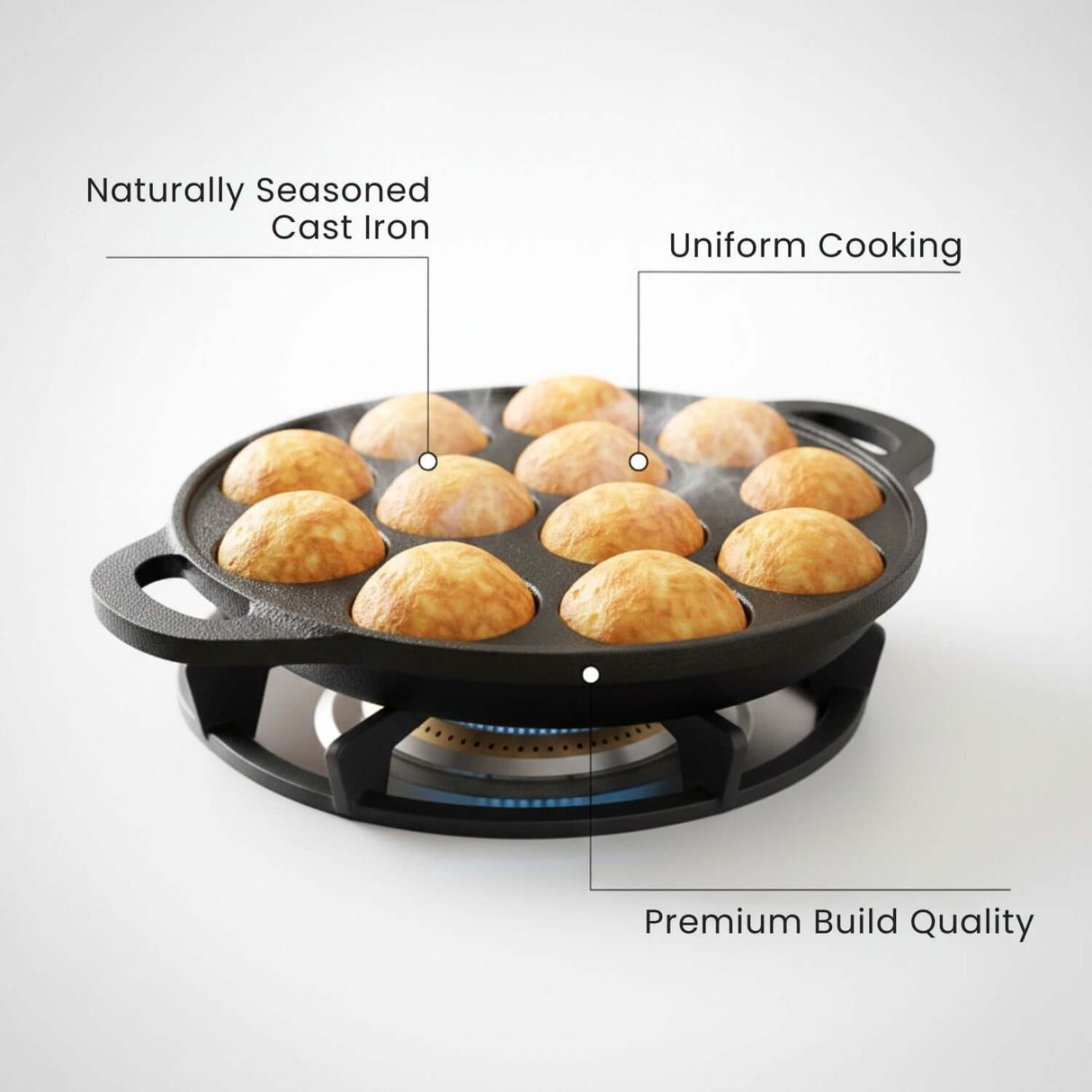 Omichef Cast Iron Paniyaram Pan | 12 Pit | Durable, Even-Heat Cast Iron