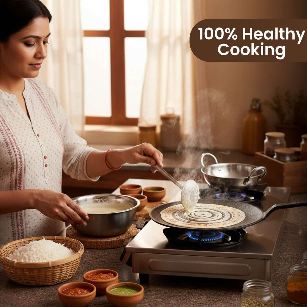 Omichef Cast Iron Roti Tawa | Flat Pre-Seasoned Tawa for Roti, Paratha & Chapati | Even Heat | Gas & Induction Compatible