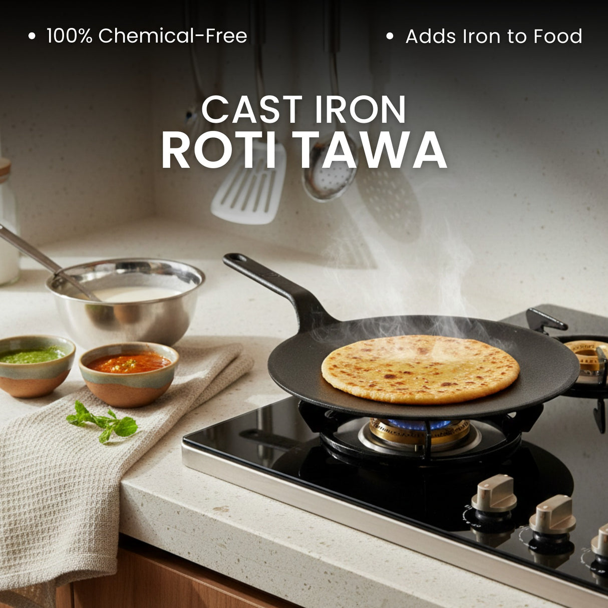 Omichef Cast Iron Roti Tawa | Flat Pre-Seasoned Tawa for Roti, Paratha & Chapati | Even Heat | Gas & Induction Compatible