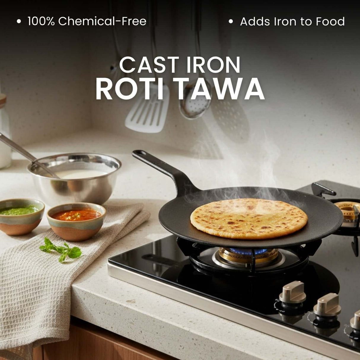 Omichef Cast Iron Roti Tawa | Flat Pre-Seasoned Tawa for Roti, Paratha & Chapati | Even Heat | Gas & Induction Compatible