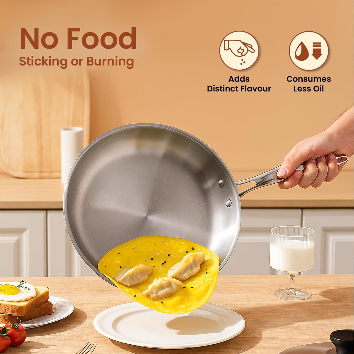 TRIMAX Triply Frying Pan Premium & Durable Stainless Steel Pan with Free Spatula