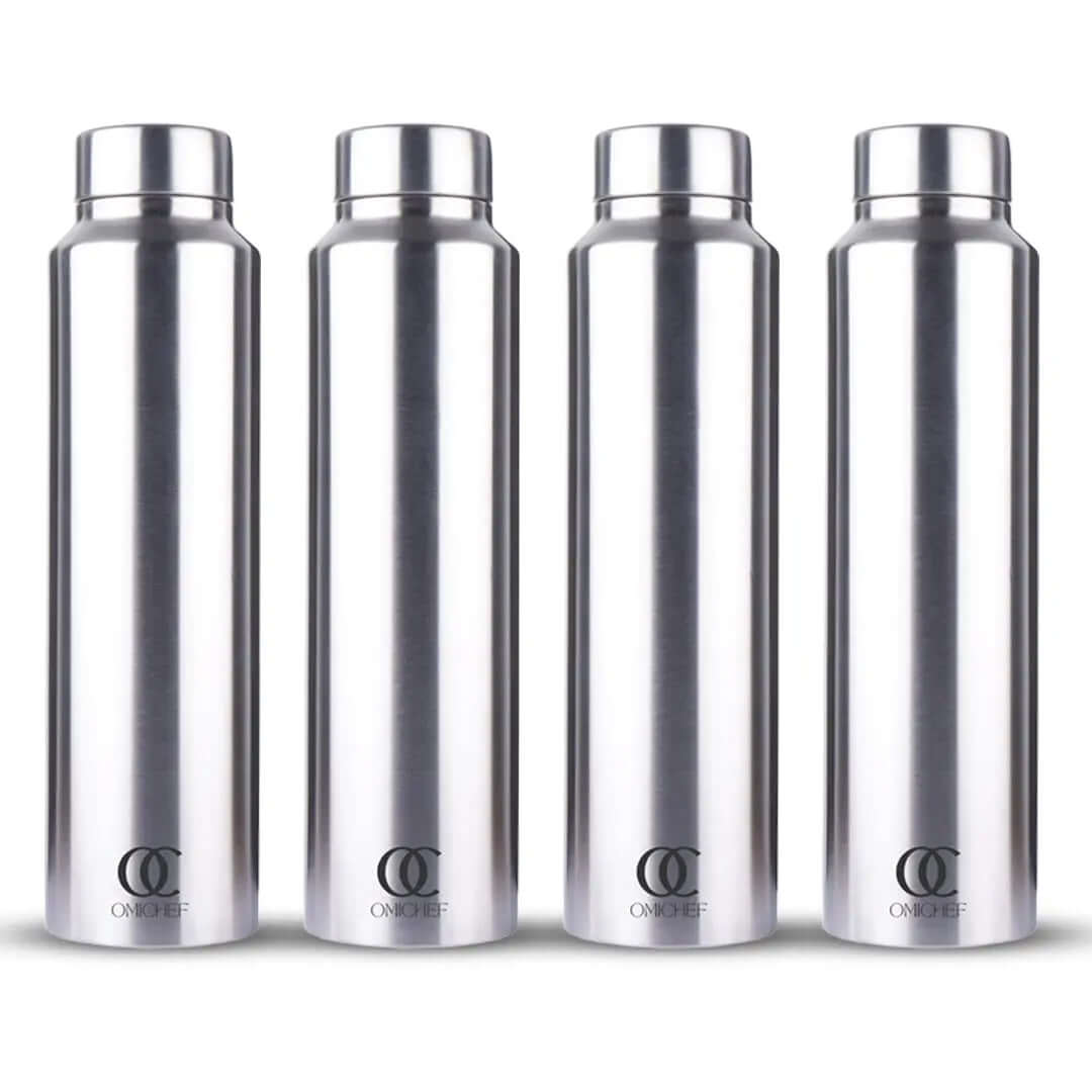 Aqua Water Bottle | Stainless Steel Fridge Bottle | Single Wall | Silver | Capacity 1 Litre OmiChef