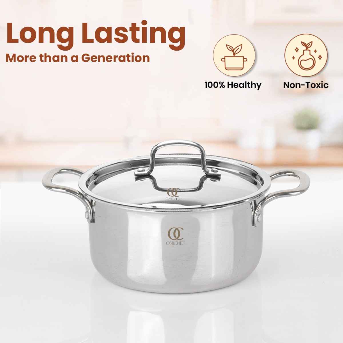 Omichef triply casserole close view showing premium stainless steel finish