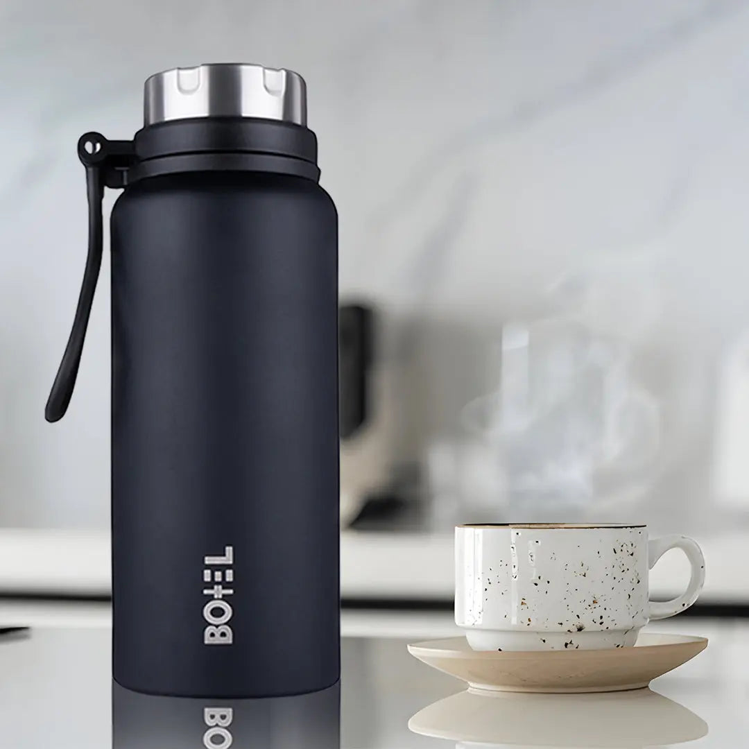 Marshal | Double Wall Steel Water Bottle | Hot or Cold for 24 Hours Flask | Black | 1000 ML BOTTEL