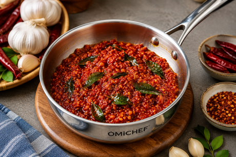 Spicy Garlic Chilli Chutney In Omichef Triply Steel Tadka Pan
