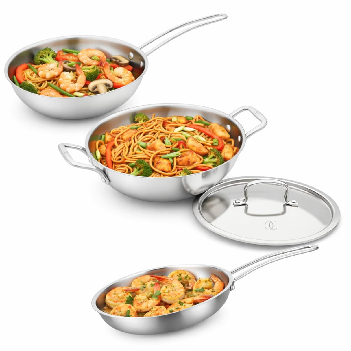 Omichef PRIMAX Elite Premium Triply Cookware Set – Kadai, Frypan & Wok with Lid