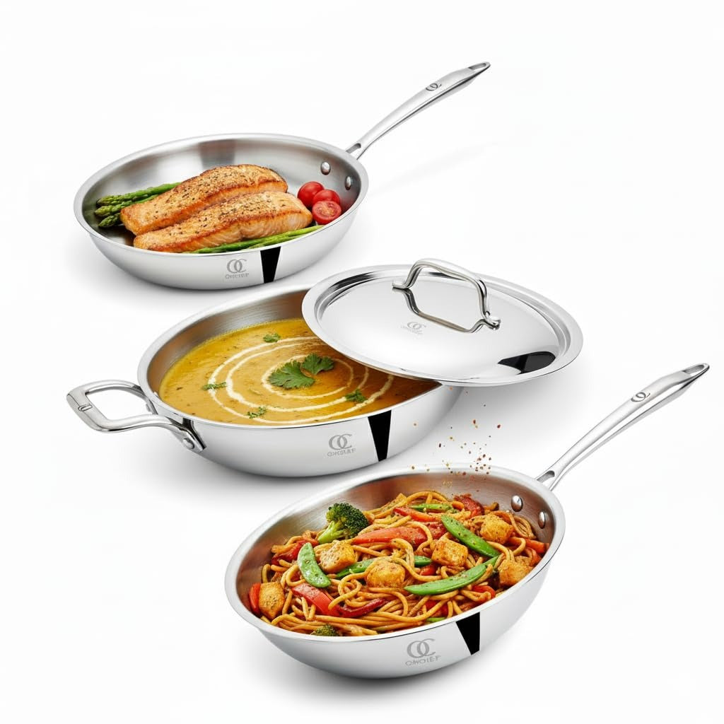 Premium TRIMAX Triply Cookware Set Kadai + Frypan + Wok with Free Wooden Spatula Combo