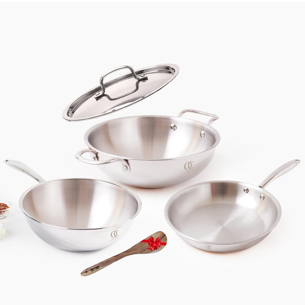 Premium TRIMAX Triply Cookware Set Kadai + Frypan + Wok with Free Wooden Spatula Combo