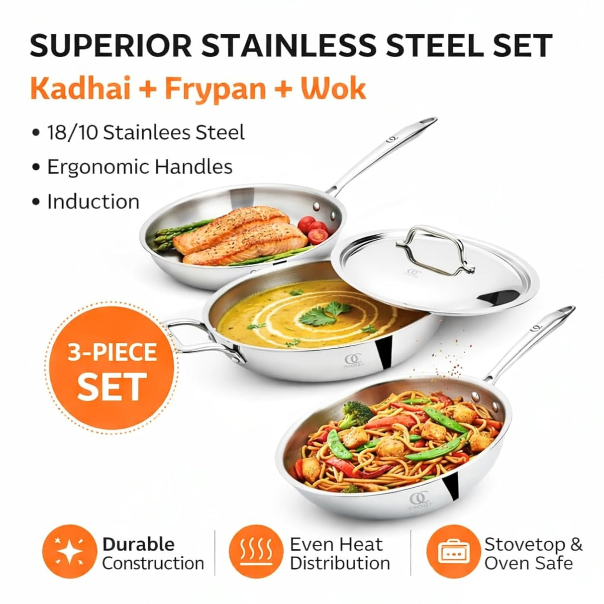 Premium TRIMAX Triply Cookware Set Kadai + Frypan + Wok with Free Wooden Spatula Combo