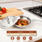 TRIMAX Triply Frying Pan 22 cm | Premium Stainless Steel Frypan with Oval Wire Handle | Induction Friendly & Durable