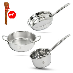 TRIO Sandwich Bottom Stainless Steel Cookware Set Of 3 with Free Spatula - Induction Compatible