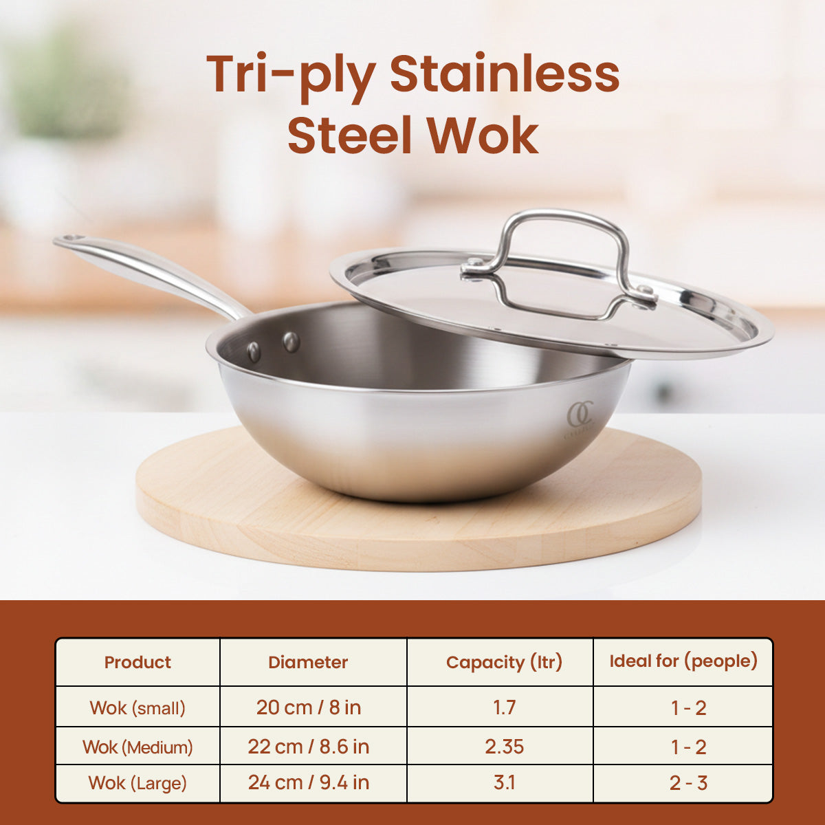Buy Triply Stainless Steel Wok / Kadhai with Lid Online @ Best