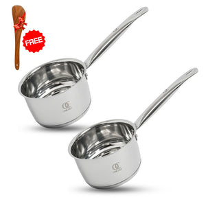 TRIO Stainless Steel Saucepan Set of 2 with Hollow Handle - Sandwich Bottom Cookware with Free Spatula | Induction Compatible