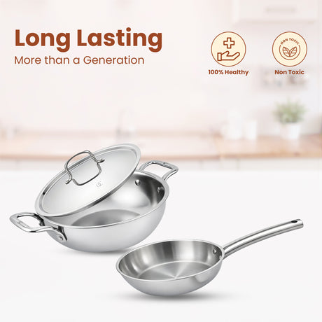Triply Cookware Set | Kadai & Frypan Set with Pipe Handle