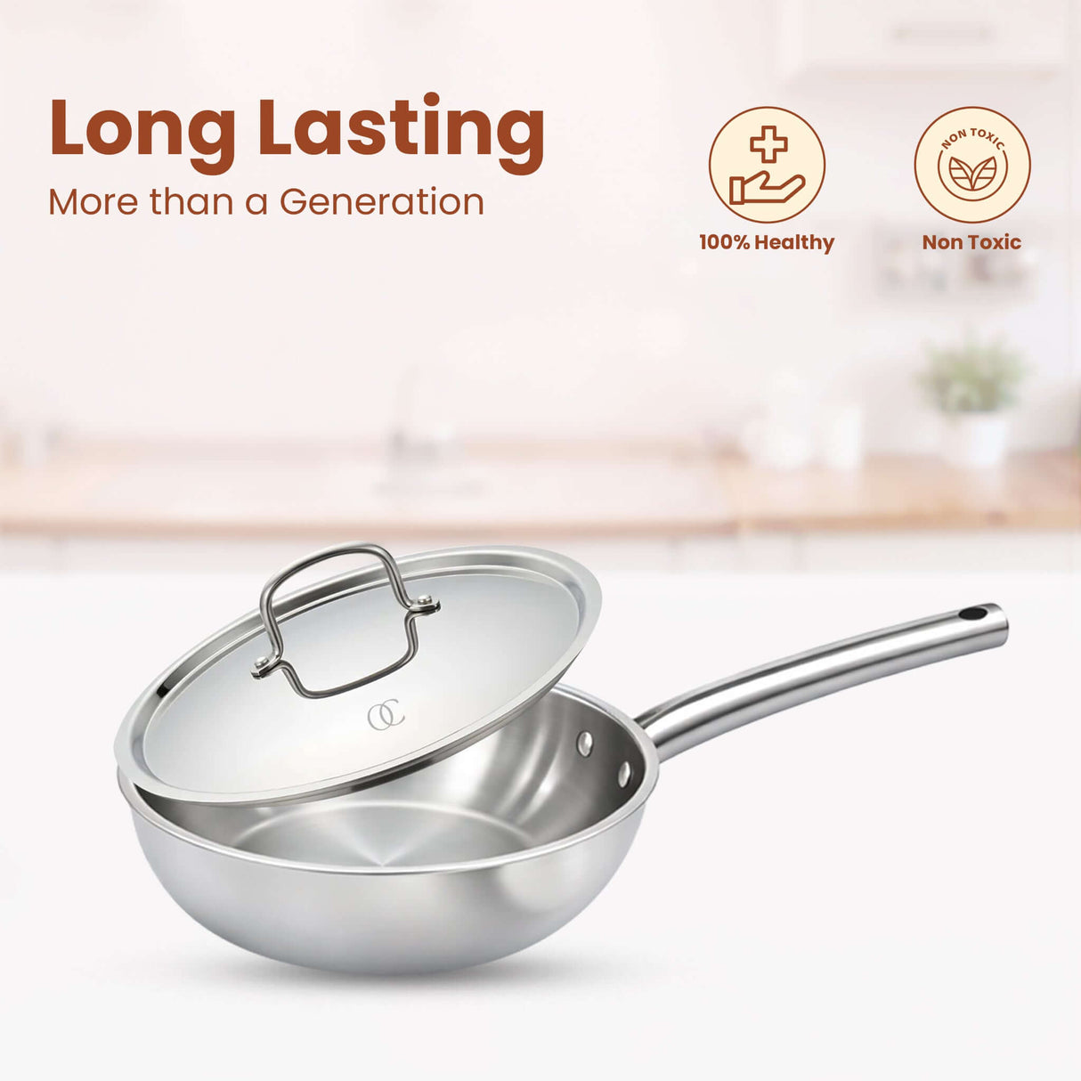 Triply Stainless Steel Wok with Pipe Handles ,1.9L/3.1L, 3-Layer Premium Quality, 3 Layer Thick Body, 100% Toxin-free, Non-stick, Induction & Gas