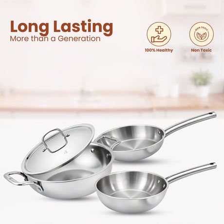 Triply Cookware Set | Kadai Frypan Wok Set with Pipe Handles
