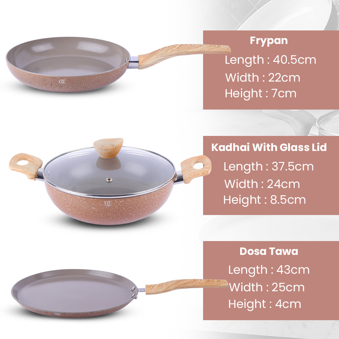 Ceramic Cookware Non Stick Set Combo | ISI Certified Kadai, Frypan & Tawa – Biscuit Color