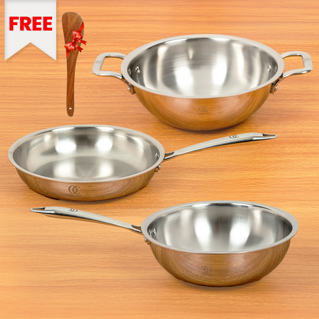 Premium TRIMAX Triply Cookware Set Kadai + Frypan + Wok with Free Wooden Spatula Combo OmiChef