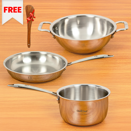 TRIO Sandwich Bottom Stainless Steel Cookware Set Of 3 with Free Spatula - Induction Compatible OmiChef