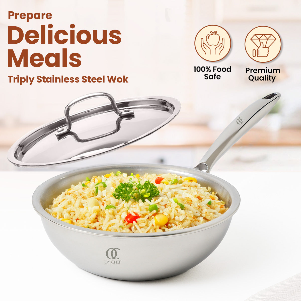 Triply Stainless Steel Wok with Lid, 1.9L/2.35L/3.1L, Premium Quality, 3 Layer Thick Body, 100% Toxin-free, Non-stick, Induction & Gas