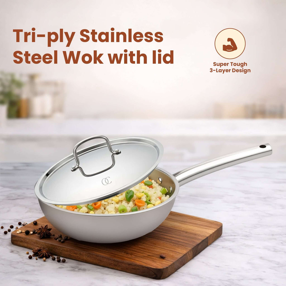 Triply Stainless Steel Wok with Pipe Handles ,1.9L/3.1L, 3-Layer Premium Quality, 3 Layer Thick Body, 100% Toxin-free, Non-stick, Induction & Gas