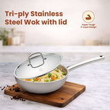Triply Stainless Steel Wok with Pipe Handles ,1.9L/3.1L, 3-Layer Premium Quality, 3 Layer Thick Body, 100% Toxin-free, Non-stick, Induction & Gas
