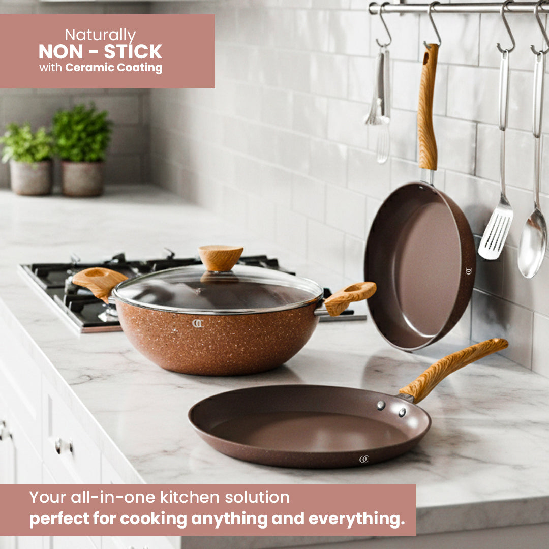 Ceramic Cookware Non Stick Set Combo | ISI Certified Kadai, Frypan & Tawa – Biscuit Color