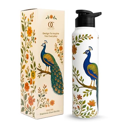 Omichef Stainless Steel Single Wall Peacock Floral Print 1000ML