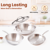 Premium TRIMAX Triply Cookware Set Kadai + Frypan + Wok with Free Wooden Spatula Combo OmiChef