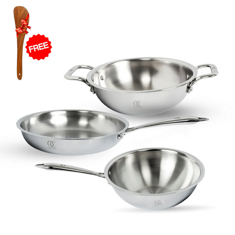 TRIMAX Triply Cookware Kadhai- Frypan - Saucepan Combo Set with Spatula Premium Quality OmiChef
