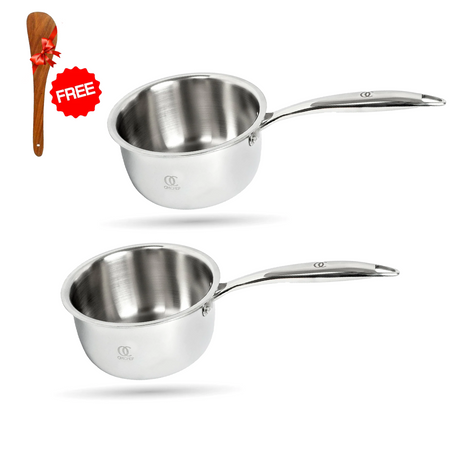 TRIO Stainless Steel Saucepan Set of 2 with Hollow Handle - Sandwich Bottom Cookware with Free Spatula | Induction Compatible OmiChef