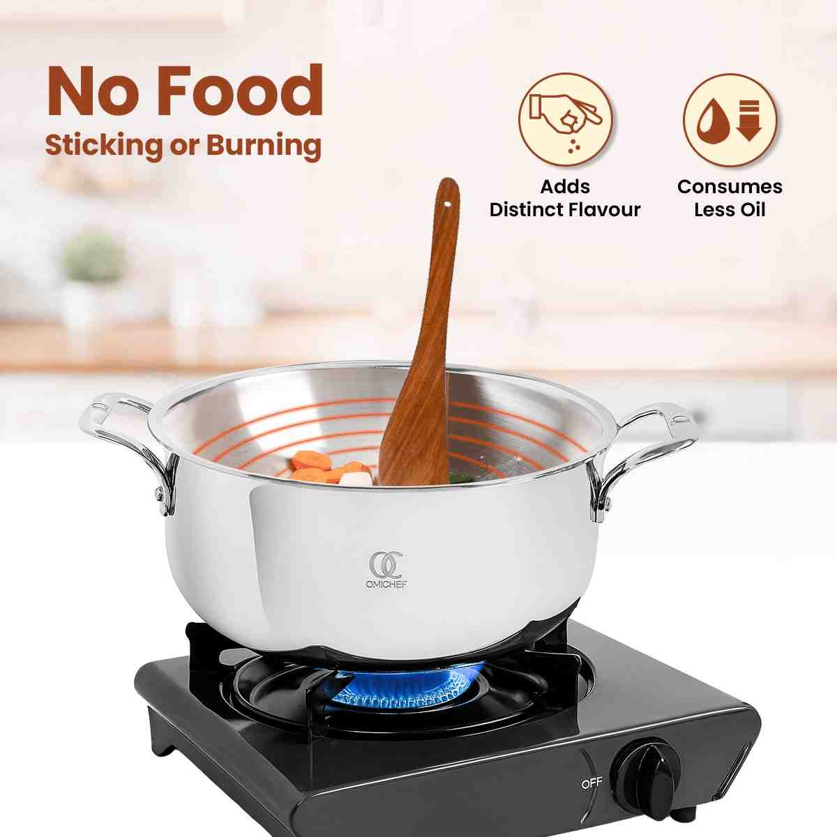 Omichef stainless steel triply casserole top view with flat base design