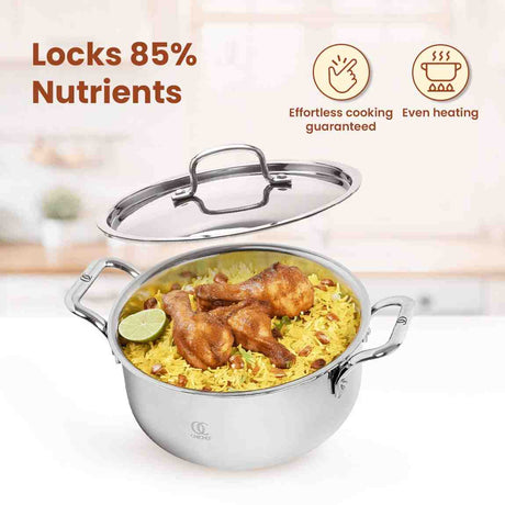 Triply casserole induction compatible cookware with sturdy handles and lid