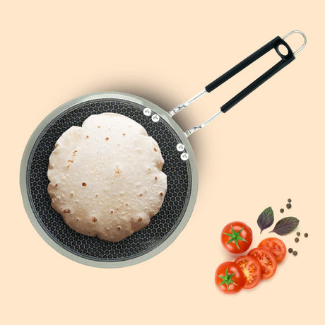 Triply Stainless Steel Honeycomb Roti Tawa | Thick 4mm, 1kg | Induction Friendly Tawa | Non-Stick 3 Layer Body, with Non Toxic Non-Stick Coating with Riveted Handle OmiChef