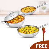 Triply Cookware Set | Kadai Frypan Wok Set with Pipe Handles