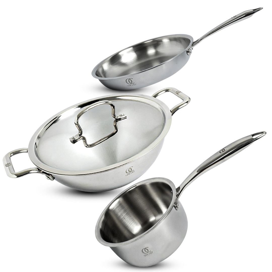 TRIMAX Triply Cookware Kadhai- Frypan - Saucepan Combo Set with Spatula Premium Quality OmiChef