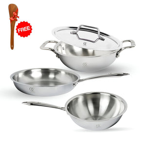 Premium TRIMAX Triply Cookware Set Kadai + Frypan + Wok with Free Wooden Spatula Combo