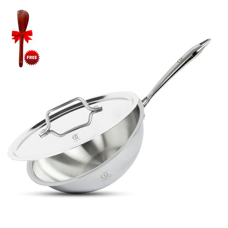 TRIMAX Triply Stainless Steel Wok with Lid with Free Spatula - Premium Quality OmiChef