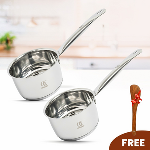 TRIO Stainless Steel Saucepan Set of 2 with Hollow Handle - Sandwich Bottom Cookware with Free Spatula | Induction Compatible
