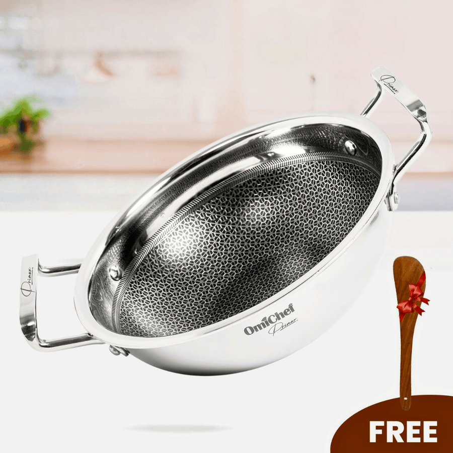 Honeycomb Kadai with steel lid, premium quality non-stick cookware, 100% toxin-free, induction & gas compatible.