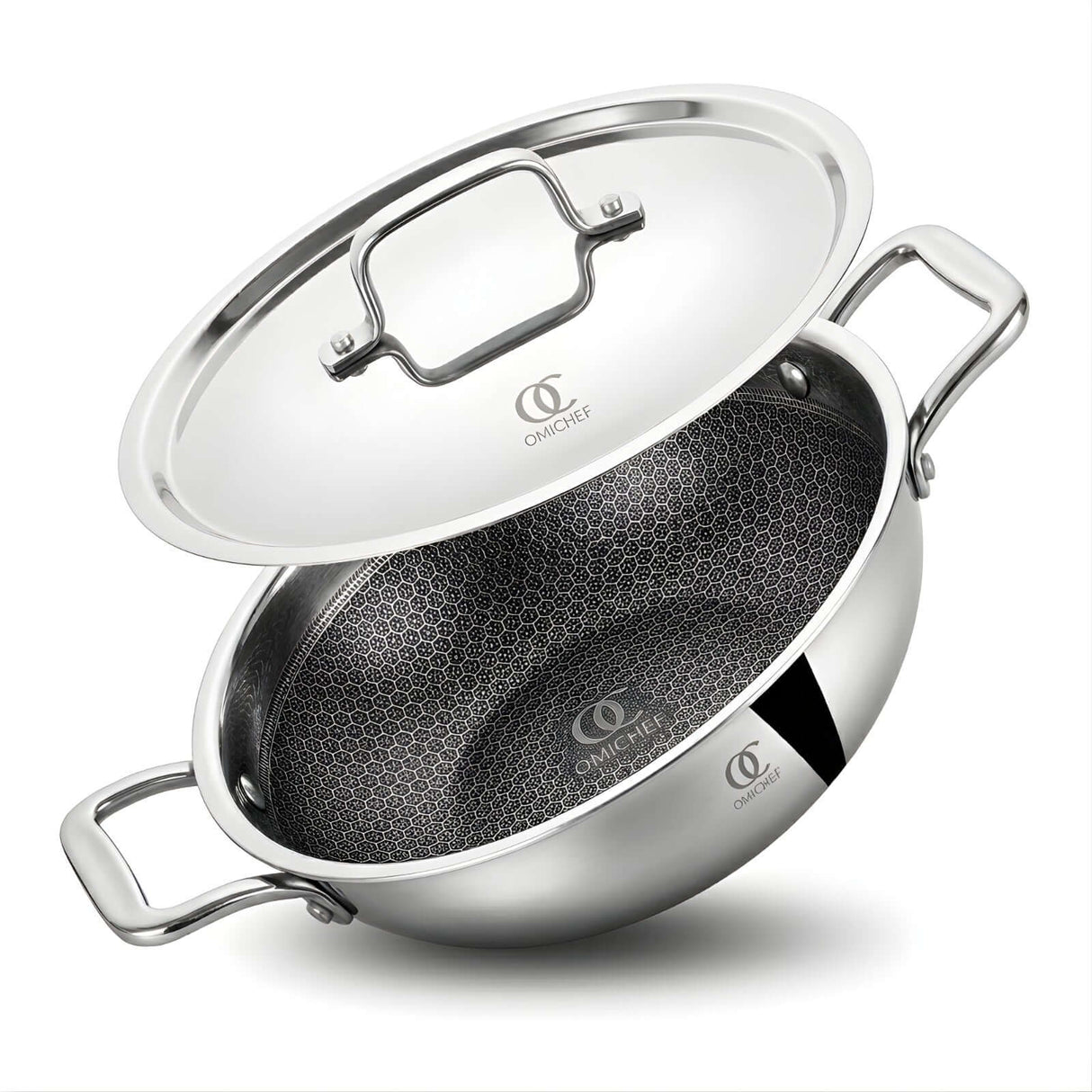 Triply Stainless Steel Honeycomb Kadai with lid, 1.7L/2.1L/3L/4L/5L, non-stick and toxin-free cooking.