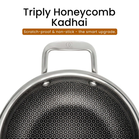 Triply Stainless Steel Honeycomb Kadai with scratch-proof, non-stick surface for better cooking.