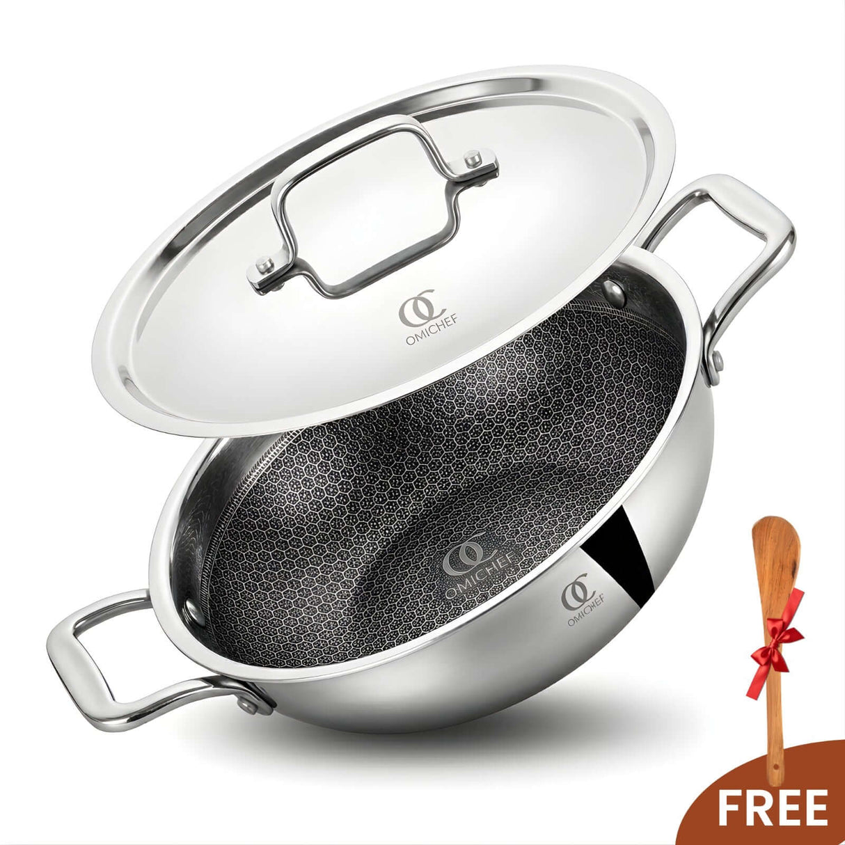 Triply Honeycomb Kadai with steel lid and wooden spatula, premium quality, 100% toxin-free.