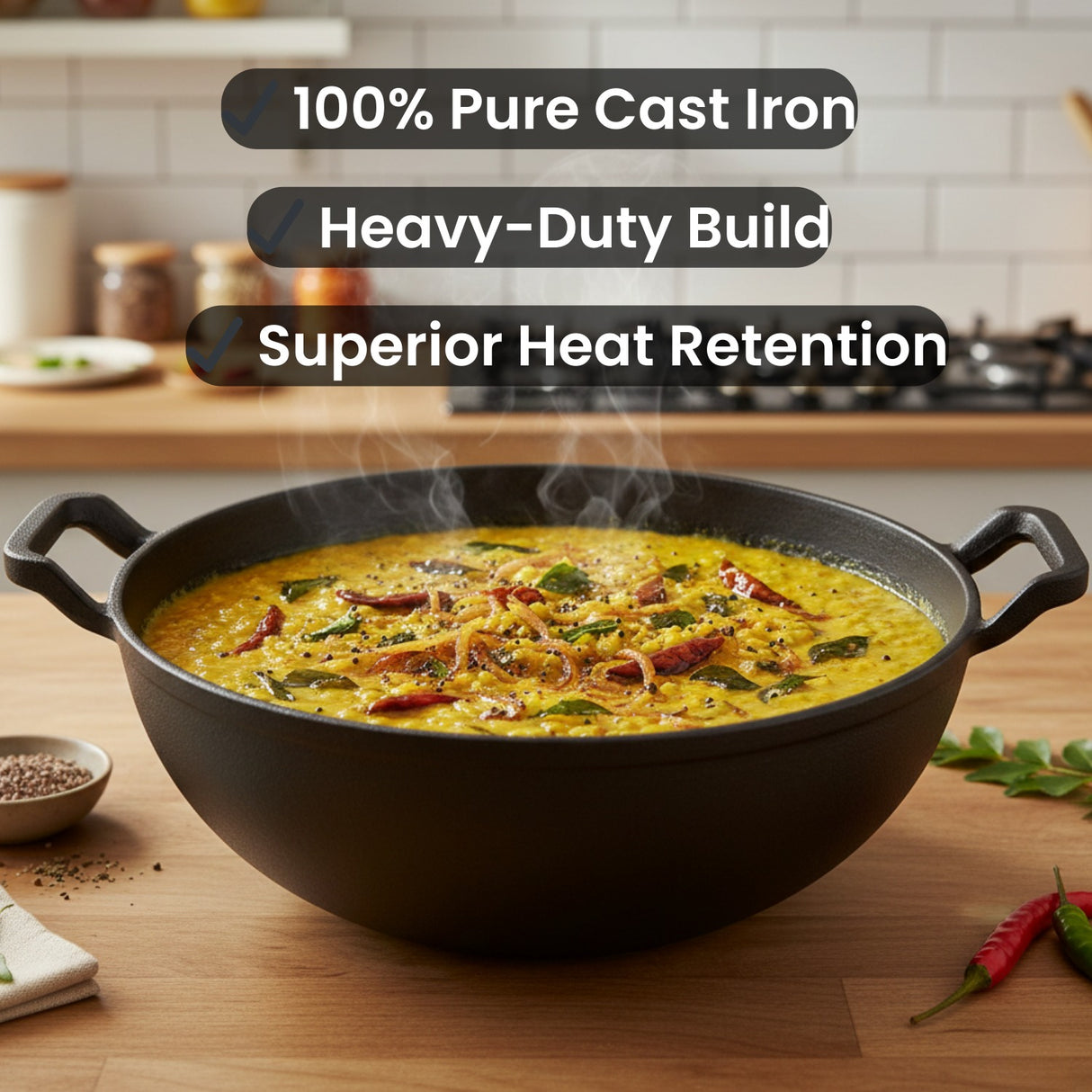 Premium Cast Iron Kadai for Cooking | Heavy-Duty Iron Kadhai for Frying & Curry | Deep, Durable & Even-Heating Cookware