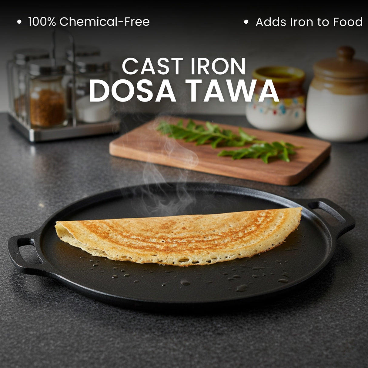 Omichef Pre-Seasoned Cast Iron Dosa Tawa 30.1 cm / 11.9 Inch (3 kg) | Heavy Duty Flat Tawa for Crispy Dosa, Chilla & Paratha | Gas & Induction Friendly