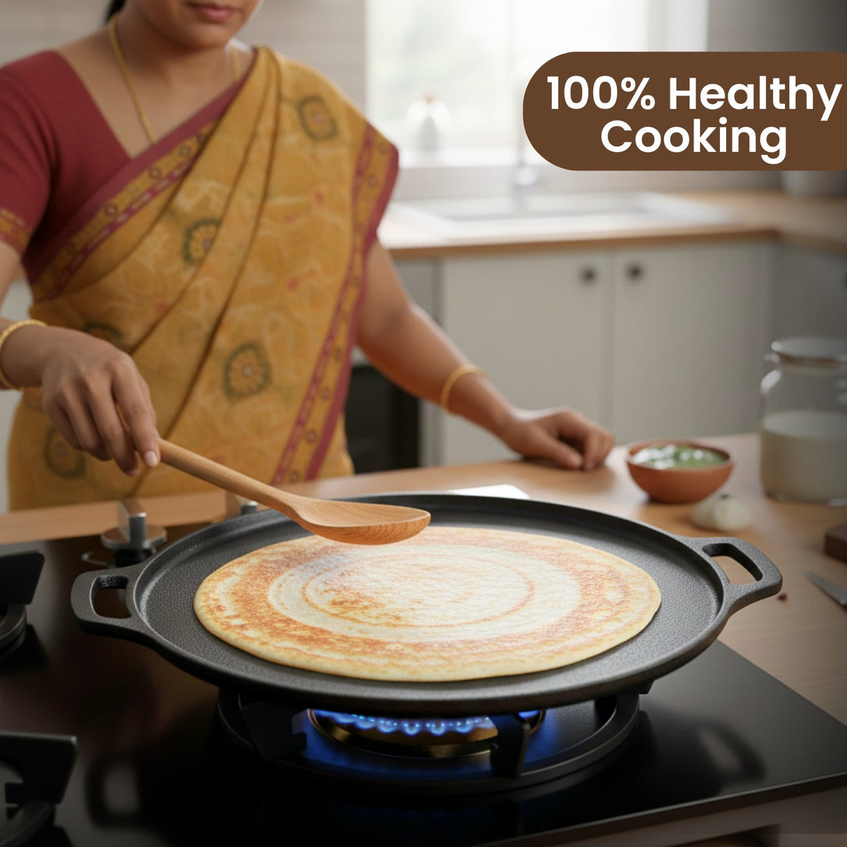 Omichef Pre-Seasoned Cast Iron Dosa Tawa 30.1 cm / 11.9 Inch (3 kg) | Heavy Duty Flat Tawa for Crispy Dosa, Chilla & Paratha | Gas & Induction Friendly